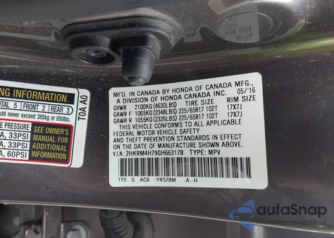 2016 Honda Cr-V Exl z USA, uszkodzony, nr VIN 2HKRM4H79GH663178
